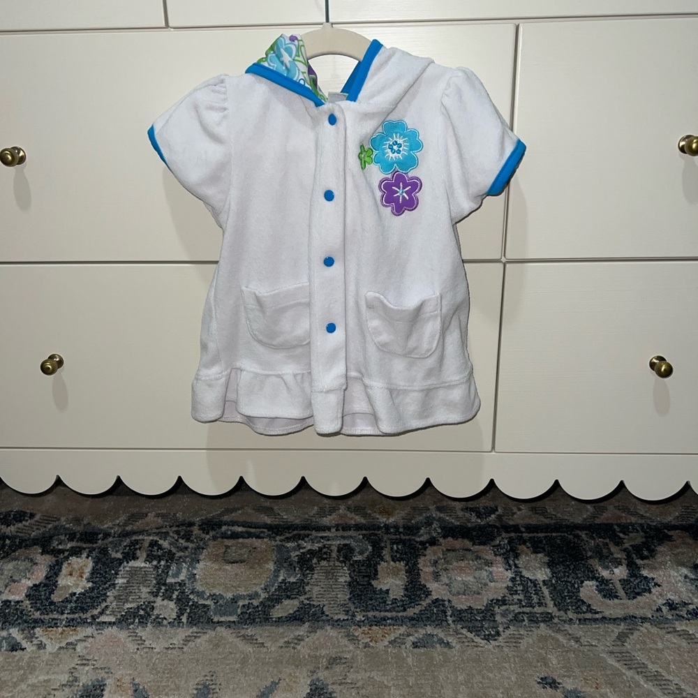 White Hooded Baby Towel Cover Up Swim with Flowers and Pockets